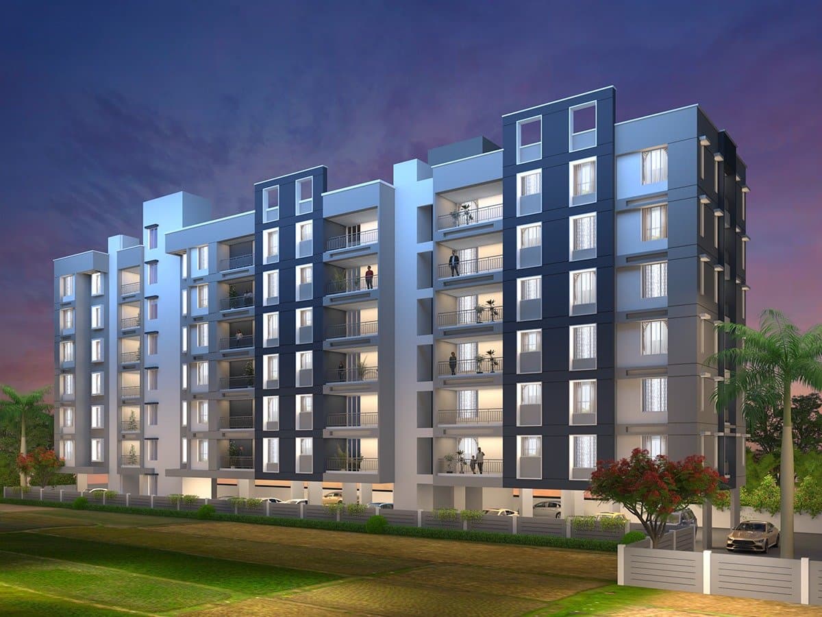 A 3D architectural rendering of a modern multi-story residential apartment building at dusk.